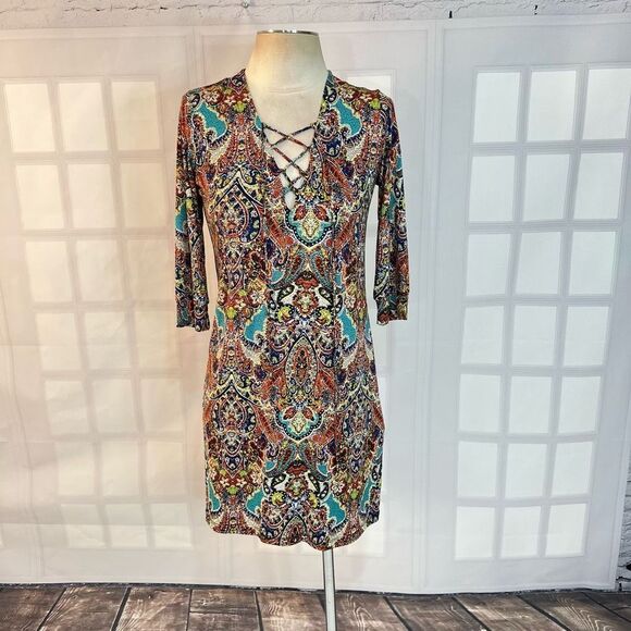 Veronica M Dresses & Skirts - 🔥5/25 sale🔥 Veronica M. Lace Up Long Sleeve Damask Print Mini Dress Size S